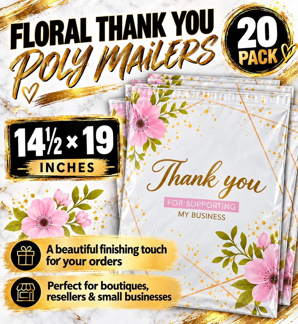 ★ 20 Pink Floral Gold Thank You Poly Mailers 14.5 x 19 Shipping Bags